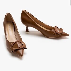 🟤 C.Paravano Olivia C-Buckle Pointed Toe Pumps Brown 37 Leather Kitten Heel